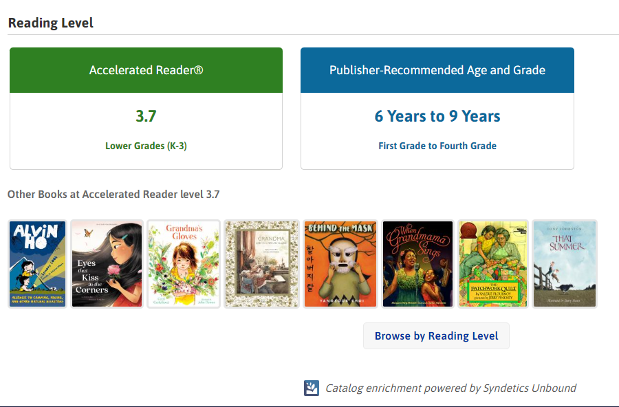 Beneath the accelerated reader information about a given book is a link to browse by reading level