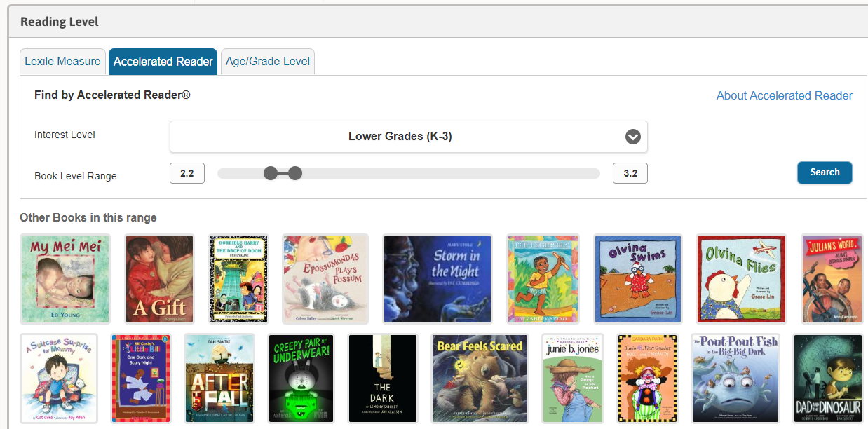 A slider tool allows for setting an accelerated reader range to retrieve books that match.